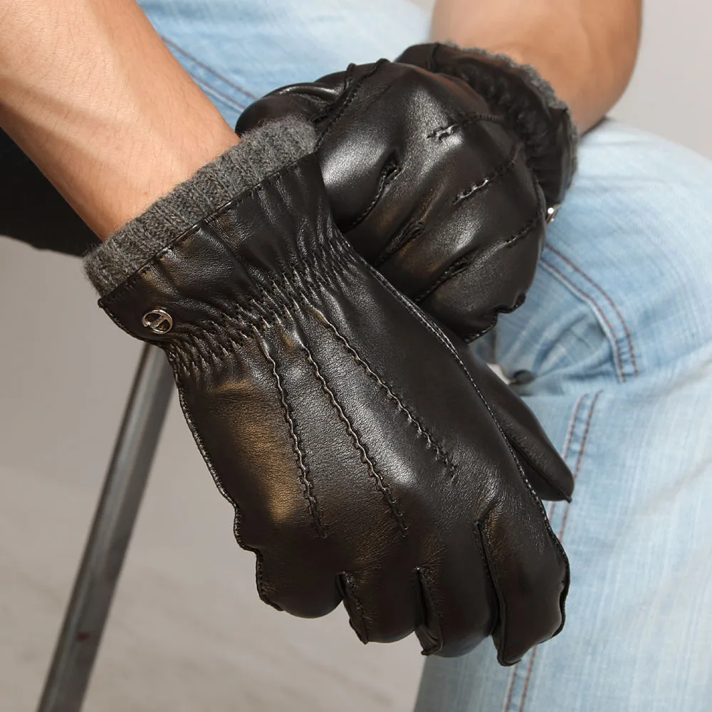 

Мужские перчатки из натуральной кожи для осени и зимы, с кашемировой вязаной подкладкой, для вождения, из мягкой овечьей кожи EM006WR-1