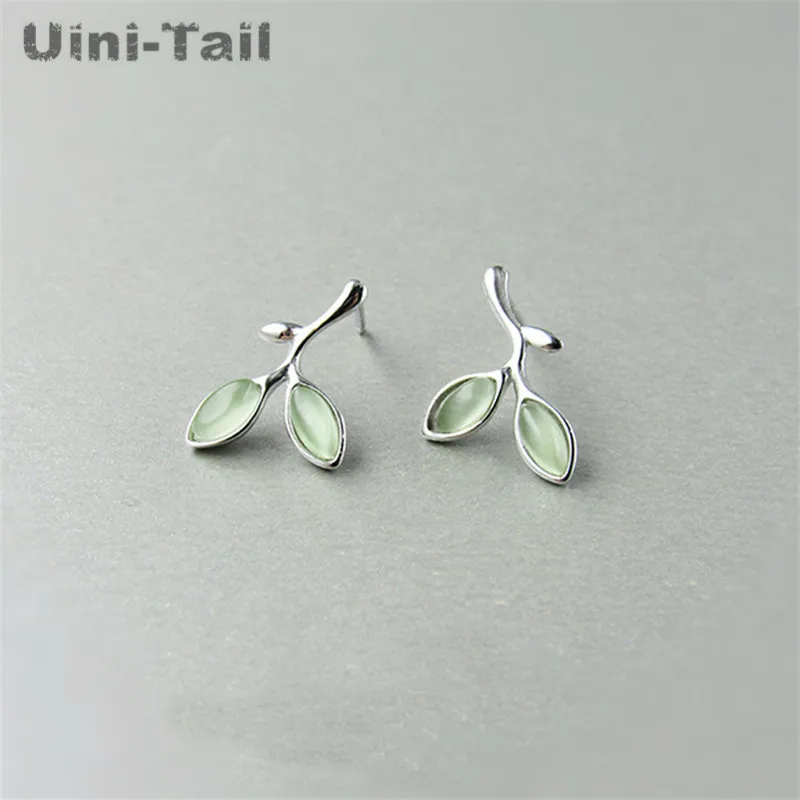 Uini-Tail HOT new 925 Tibetan silver green leaves earrings Korean fashion simple trend ear movement jewelry high quality ED022