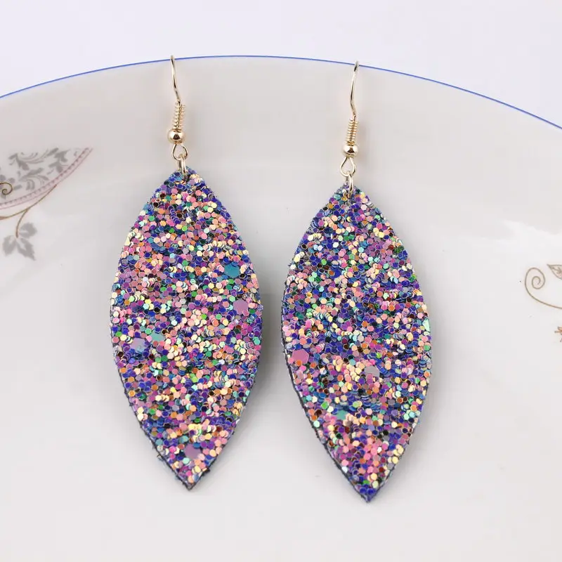 ZWPON 2019 New Spring Marquise Glitter Leather Leaf Earrings for Women Fashion Sequins Looking Various MultiColors Jewelry Long