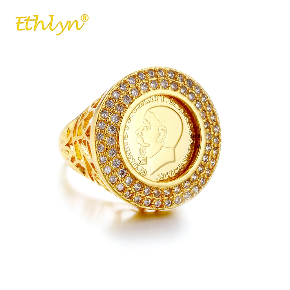 Ethlyn New Ring Women Luxury Gold Color King Avatar Round Crystal Ring Hollow Rings Vintage Big Ring Ladies Rings Wedding Party