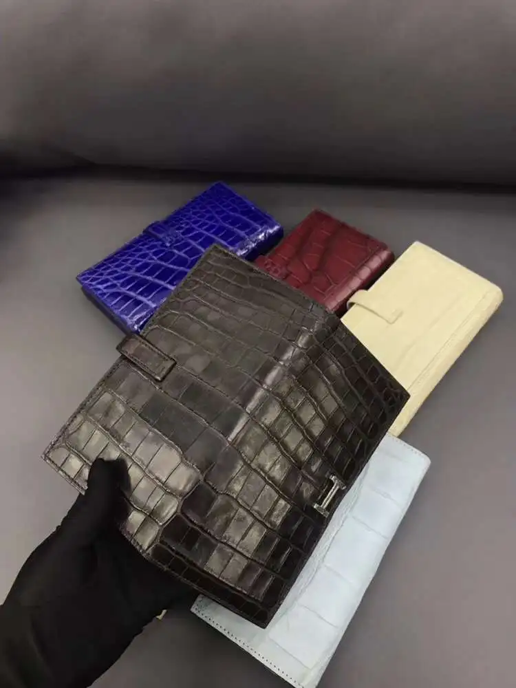 100% REAL genuine crocodile leather skin men wallet long size matt colors with cow skin lining bank card cash license holder