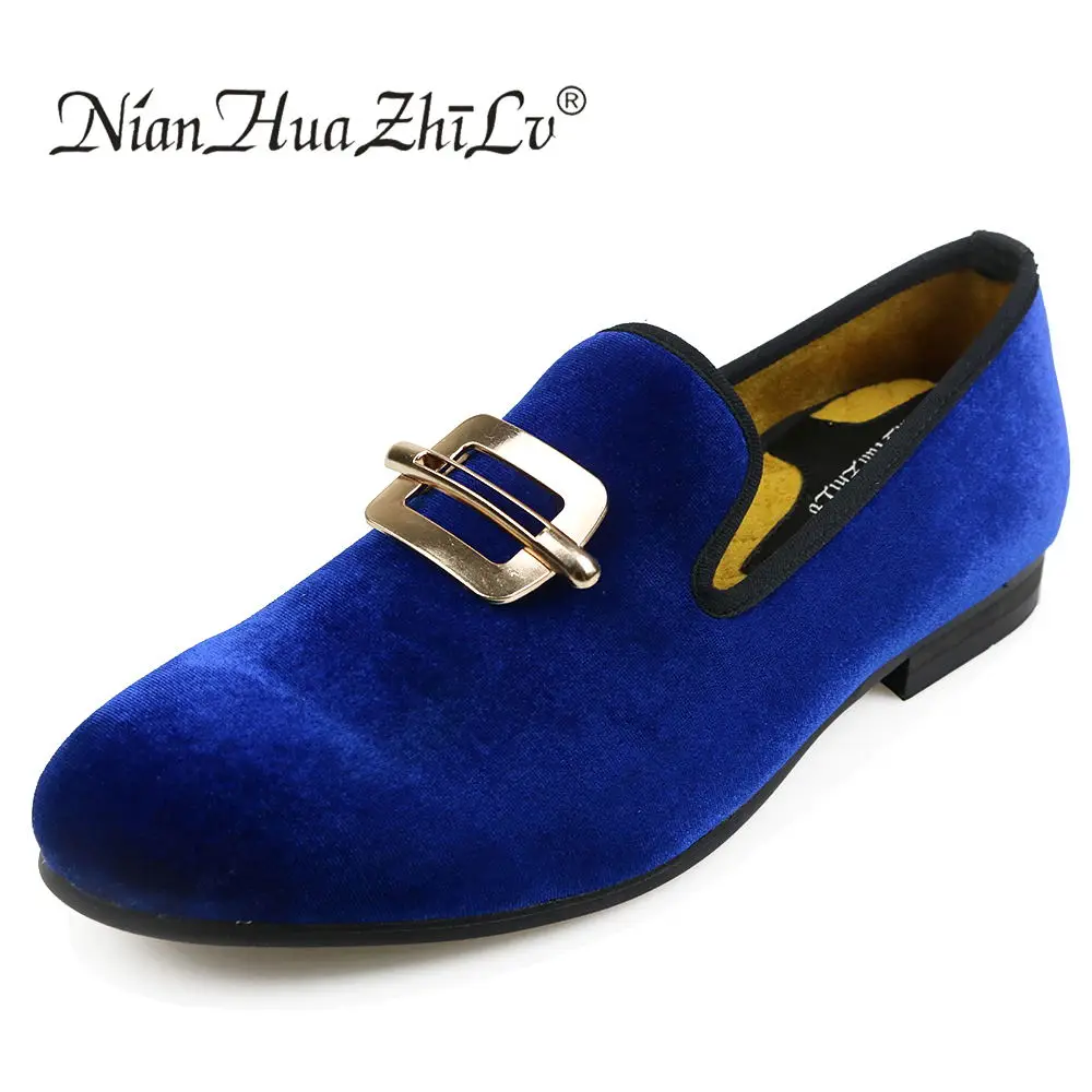 XQWFH Men\'s Loafers Vintage Velvet Flats Male Leather Shoes Slip-on Driving Casual Shoes with Gold Buckle Wedding Dress Shoes