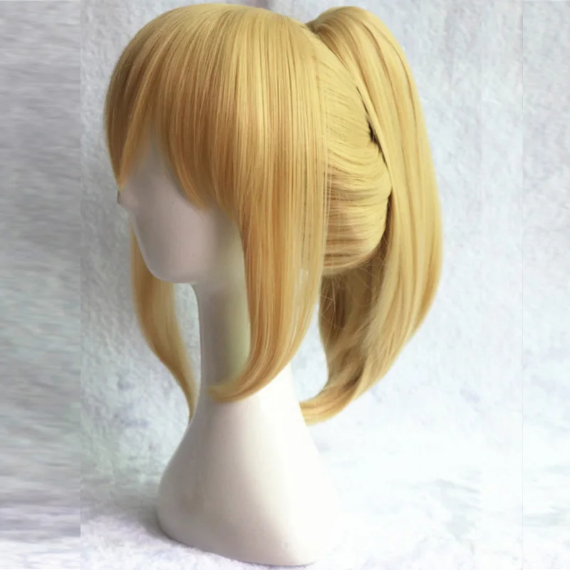 Peluca completa de cabello sintético para Cosplay, postizo de pelo sintético dorado con coleta y malla, de 35cm, Fate stay night saber lily