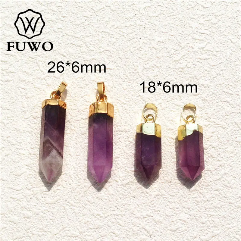 FUWO Wholesale Natural Amethysts Point Pendants,Bullet Shape Purple Crystal Accessories For Women DIY Jewelry Making 5Pcs PD117