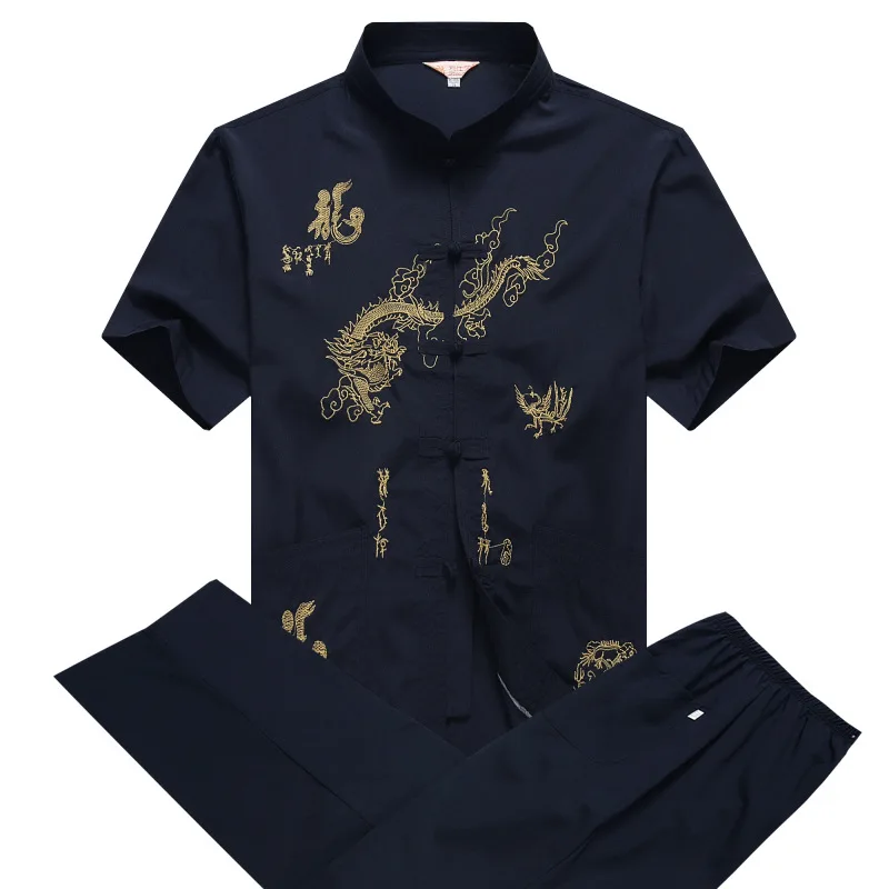 Casual Mandarin Collar Short Sleeve Shirt&Pant For Men Oriental Male Dragon Tang Suit Chinese Traditional Kung Fu Clothing