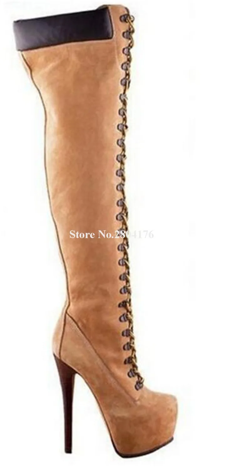 

Women Sexy Round Toe Lace-up Suede Leather Over Knee High Platform Boots Brand Thigh Long High Heel Boots Club Party Shoes