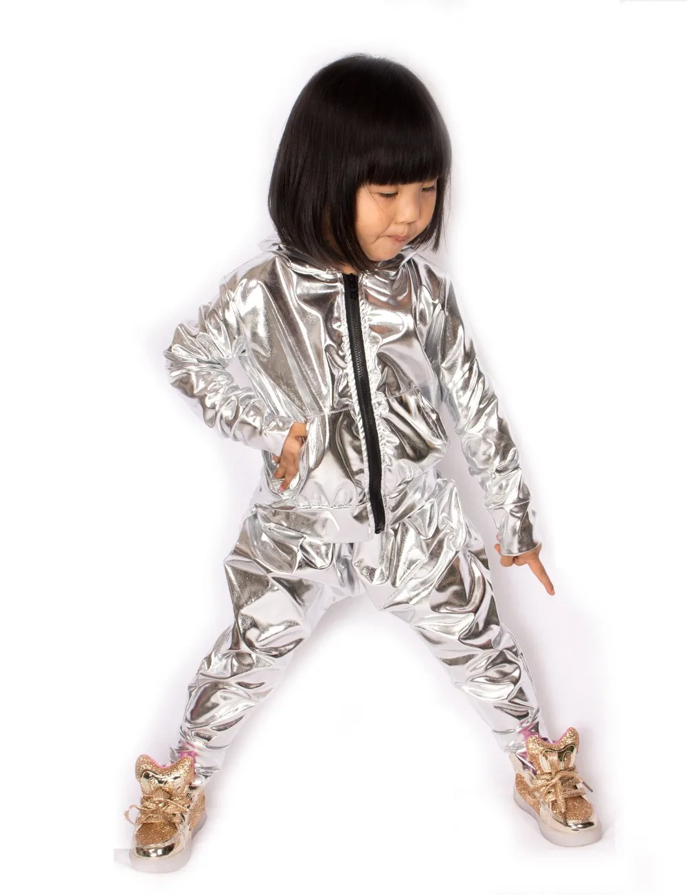 Spring Autumn Kids Silver Bomber Jacket Stage Performance Wear Paillette Feminina Casaco Jazz Hip Hop Dance Coat