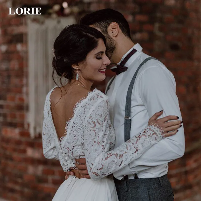 LORIE Two Pieces Wedding Dress Lace top & Chiffon Boho Backless Bride dress Long Sleeve A-Line Customized Beach Wedding Dresses