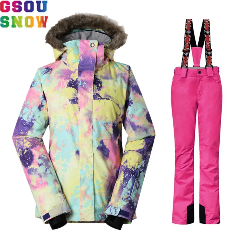 GSOU SCHNEE Marke frauen Winter Ski Anzug Ski Jacke + Hosen set Wasserdichte Snowboard Jacke Hose Weibliche Outdoor Skifahren schnee Kleidung