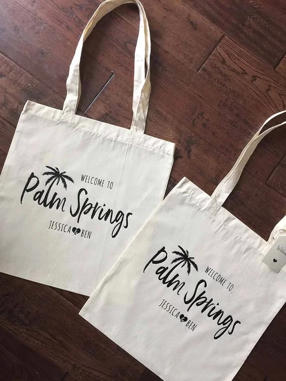 

personalize Palm Springs destination wedding birthday thank you tote bags, Maid of Honor Tote Bags, bridesmaid canvas Tote Bags