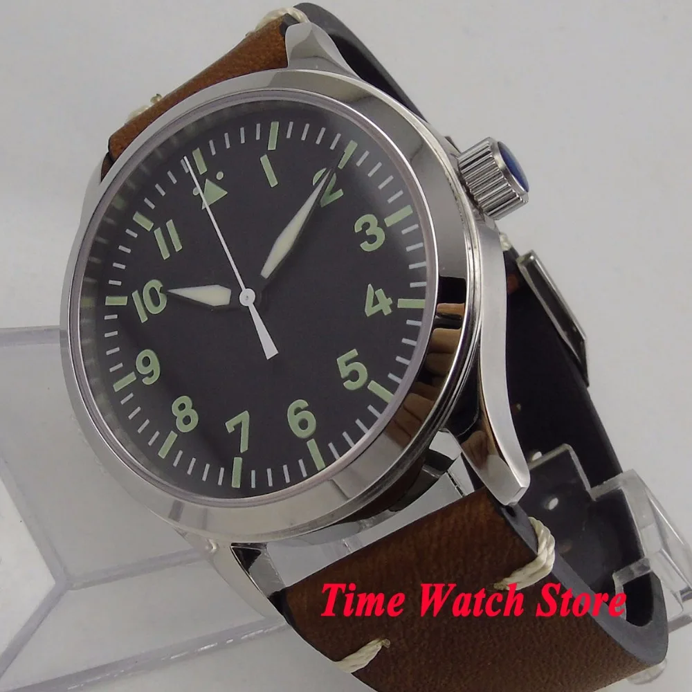 42mm Automatic Men\'s Watch  Miyota 8215 NH35 Sapphire Glass Black Dial Leather Strap Polished Case Green Luminous