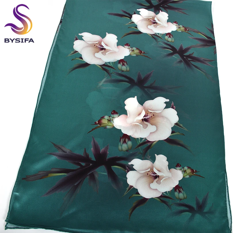 BYSIFA New Luxury Pure Silk Scarf Shawl Women Dark Green Floral Long Scarves Fashion Brand 100% Silk Neck Scarf Foulard 175*52cm