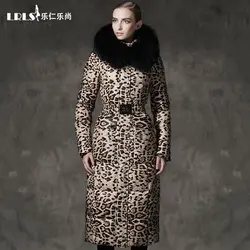 Chaqueta de plumón con estampado de leopardo para mujer, abrigo largo grueso de piel grande con capucha, ropa de abrigo de lujo para invierno, 2024