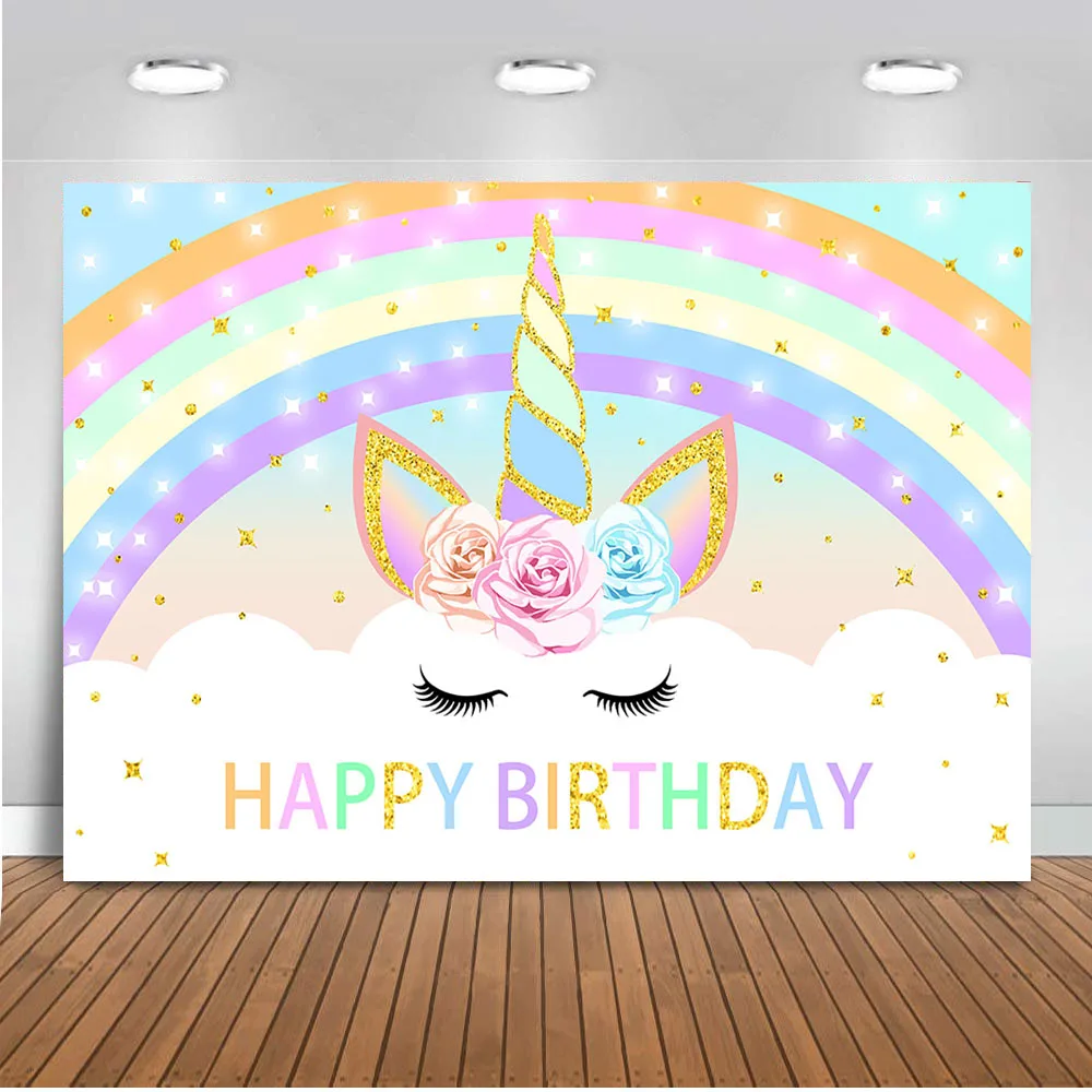 

Happy Birthday Unicorn Party Decoration Rainbow Backdrop for Photography Glitter Background for Photo Studio Newborn Children