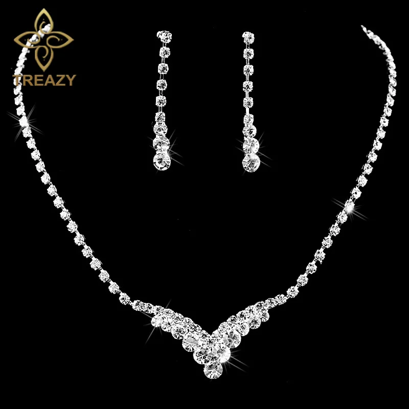 TREAZY Fashion V Shape Rhinestone Crystal Wedding Bridal Jewelry Set Silver Color Necklace Earrings Set For Women Accessories