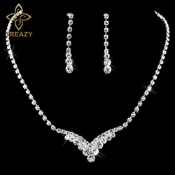 TREAZY Fashion V Shape Rhinestone Crystal Wedding Bridal Jewelry Set Silver Color Necklace Earrings Set For Women Accessories