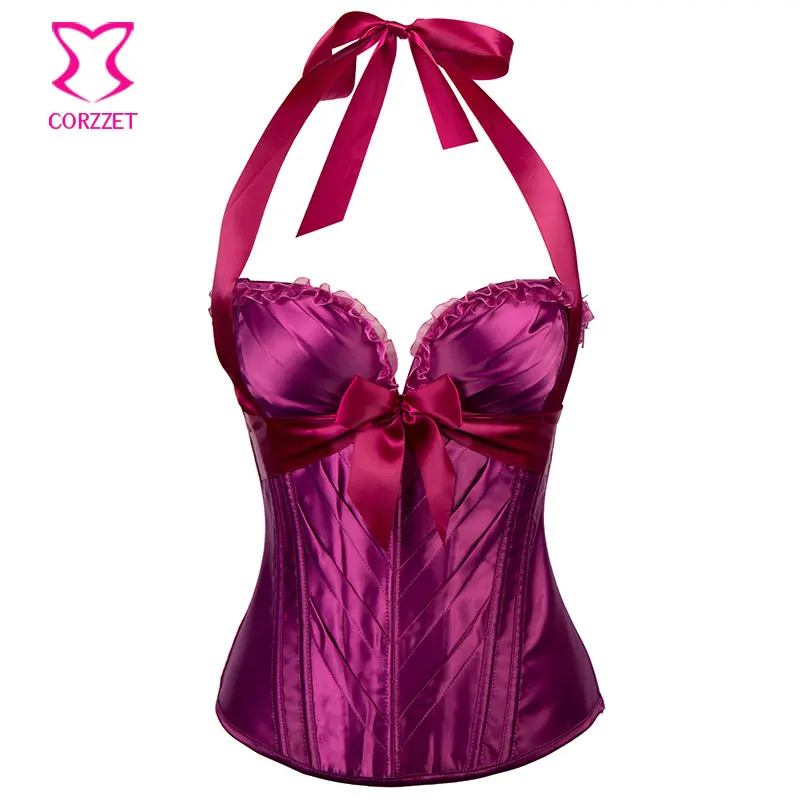 

Purple Satin Halter Top Push Up Corsage Bustier Gothique Corselet Plus Size Corset 6XL Gothic Clothing Corsets and Bustiers Sexy