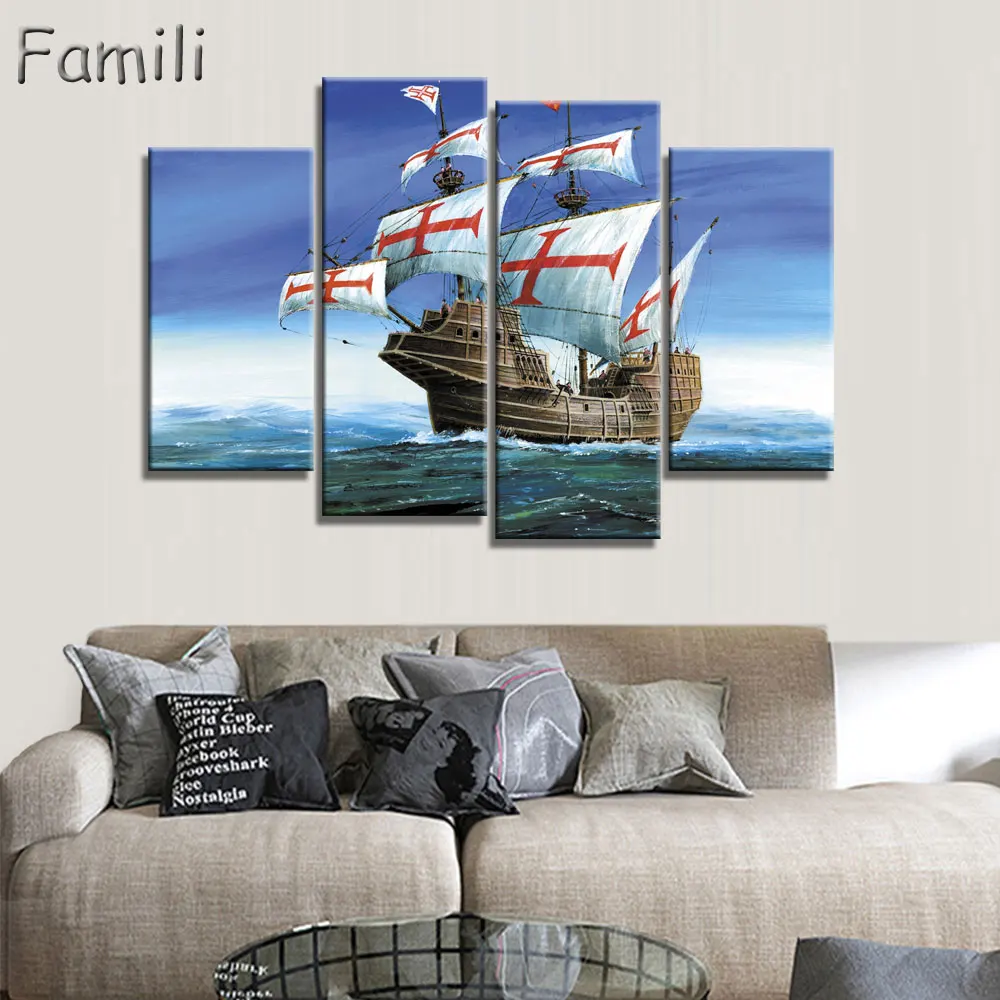 

4Pieces Unframed Sailing Boat Canvas Painting Art Posters and Prints Landscape Wall Art Home Decor for Living Room Home Decor