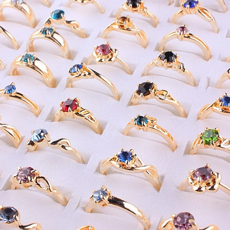 QianBei Wholesale 50pcs/Set New Female Crystal Rhinestone Golden Color Women Rings Engagement Wedding Jewelry