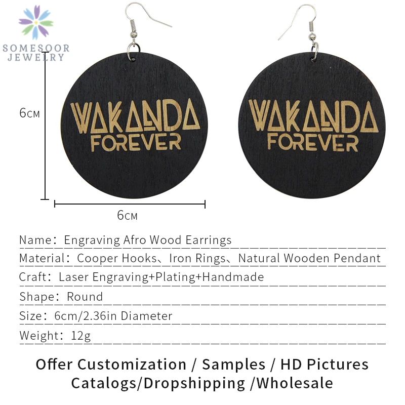 Somesoor Gesneden Afrikaanse Hout Oorbellen Voor Vrouwen Gegraveerde Wakanda Forever Afro Zwarte Etnische Foto 'S Hiphop Sieraden Geschenken