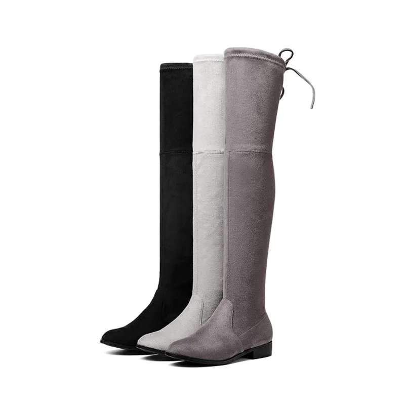 MORAZORA 2021 New Women Boots Stretch Faux Suede Over the Knee Boots Flat Thigh High Boots Ladies Long autumn winter shoes gray