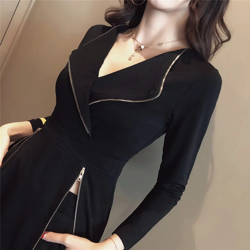 Fall Two Piece Women Outfits Long Sleeve Black Zipper Sexy Womens Long Jacket Trouser Suit 2 Piece Sets Womens Outfits DD1901