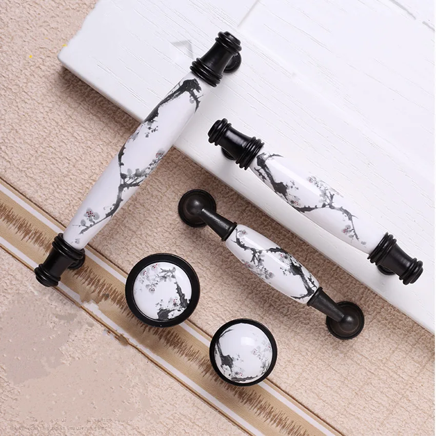 96mm 128mm antique black kitchen cabinet cupboard door handles Ink pattern ceramic dresser drawer cabinet knobs pulls 5