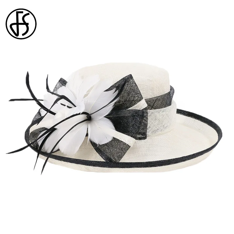 FS Black White Ladies Church Hats Women Elegant Sinamay Fascinators Hat Wedding Linen Fedora Wide Brim Floral Kentucky Derby Hat