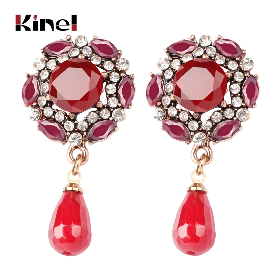 Kinel Brand Red Crystal Flower Drop Earrings For Women 2018 Vintage Natural Stone Earring Love Wedding Jewelry Party Gifts