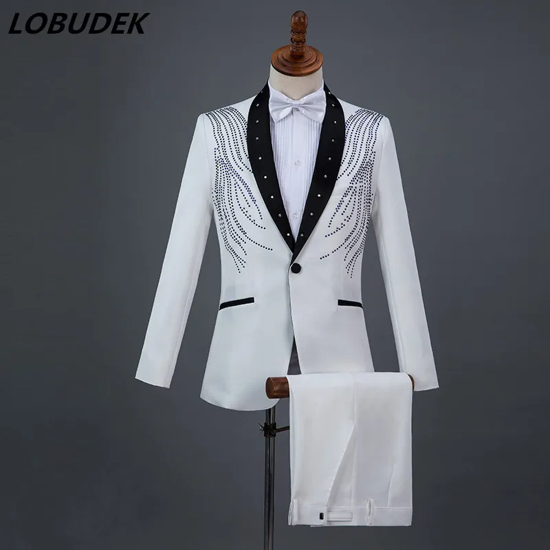 Men Formal Suits White Black Red Crystals suits Bar singer Chorus Prom Compere Master for Wedding Host stage performance Costume