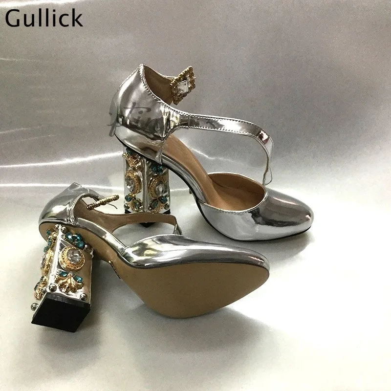 Gullick 2018 New Fashion Luxury Crystal Decor High Chunky Heels Women Golden Sliver Pumps Party Wedding Dress Shoes Sweet Style