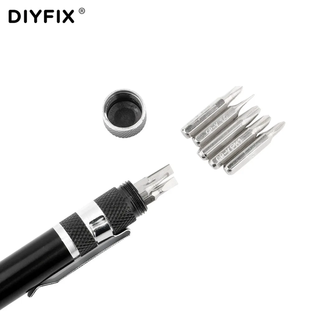 DIYFIX Portable 8 in 1 Screwdriver Aluminum Pen Style Multi-Tool Precision Mobile Phone Repair Tool Kit Screwdriver Set Bits