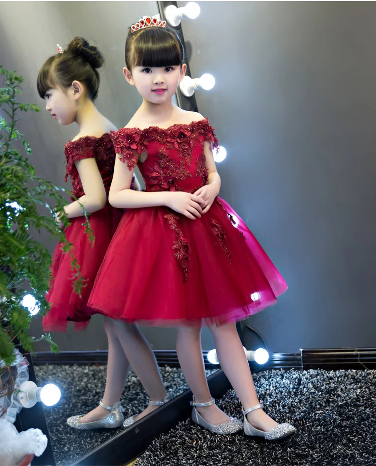 New Shoulderless Flower Girls Dresses For Wedding Appliques Formal Girl Birthday Party Dress Red Lace Princess Ball Gown