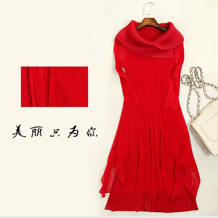 HOT SELLING Miyake pleated  elegant long-sleeve slim turn-down collar lace one-piece dress female IN STOCK