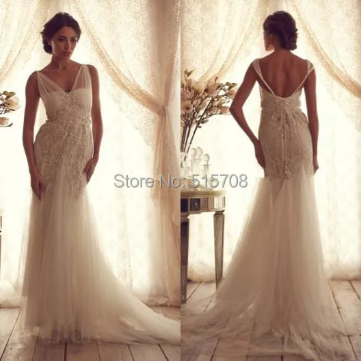 Mermaid Wedding Dresses Sheer Straps Backless Beaded Lace Appliqued Sweep Train Garden Bridal Gowns 2015