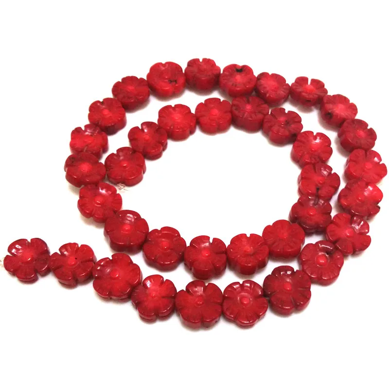 

16 inches 5x12mm Red Double Faced Flat Flower Shaped Natural Carved Coral Beads Loose Strand