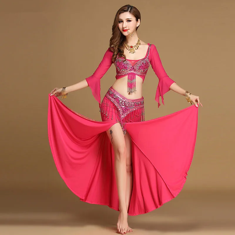 6 Colors sexy Women Dancewear Professional Size S-L 2-3-7pcs Outfit Bra Belt Skirt Long Oriental Beads Costume Belly Dance