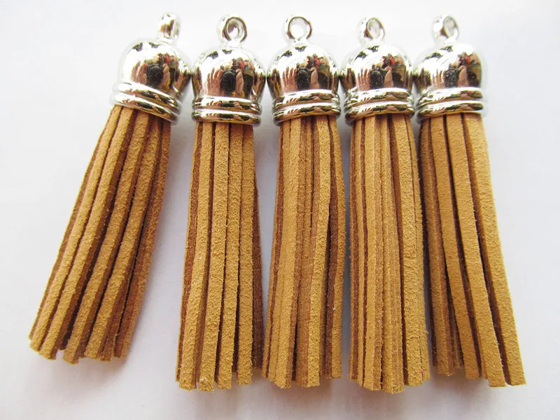 

Free Shipping 100Pcs 59mm Dirty Yellow Suede Leather Jewelry Tassel For Key Chains/ Cellphone Charms Top Plated End Caps Cord