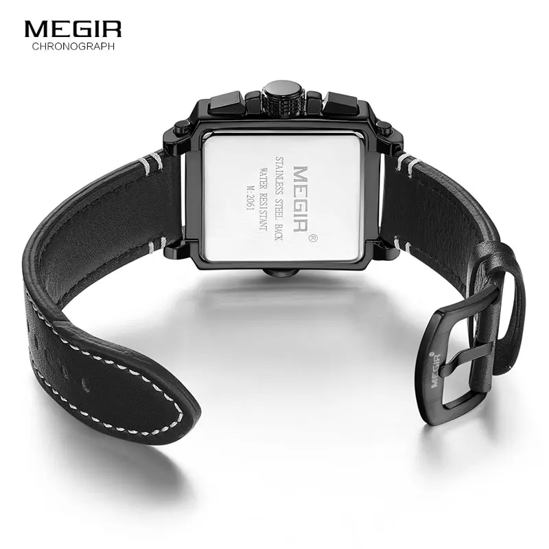 MEGIR Men\'s Sports Chronograph Wrist Watch for Men Army Leather Square Quartz Stop Watch Clock Man Relogios Masculino 2061Black