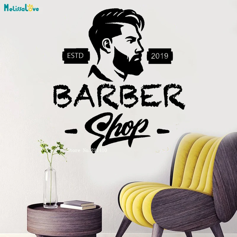 Cool Men's Hair Studio EST 2019 Wall Sticker Custom Shop Haircut Beard Face Tools Salon Art Vinyl Murals Removable YT1199