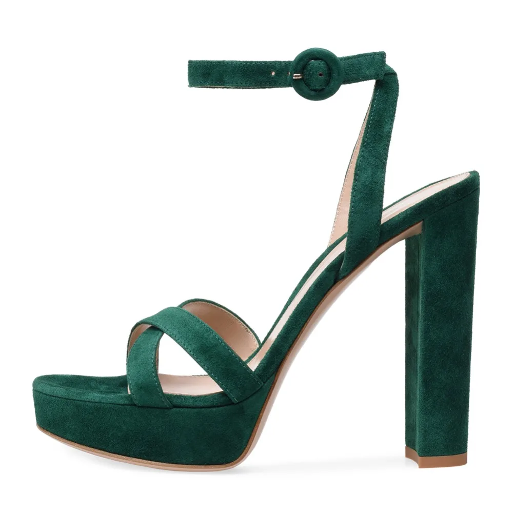 Open Toe Platform High Heel Green Faux Suede Sandals Women Pink Evening Dress Heels White PU Chunky Heel Summer Shoes