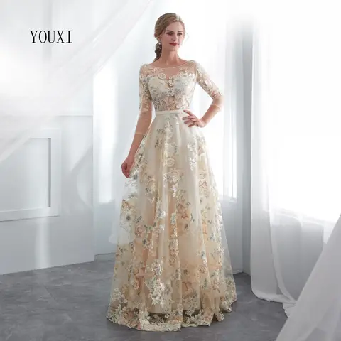 Floral Lace Prom Dress 3/4 Sleeves A-Line YOUXI