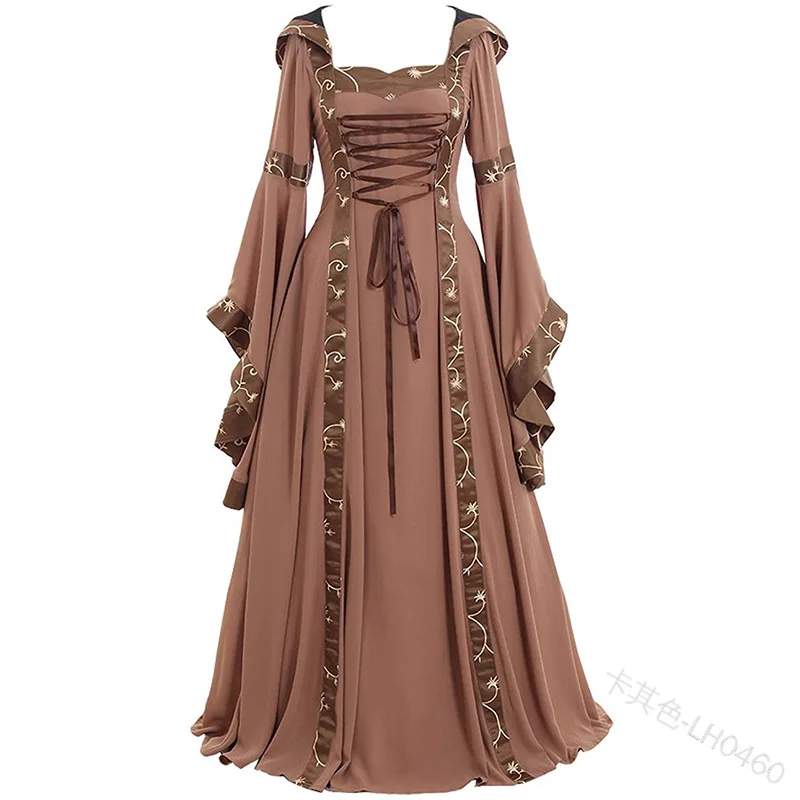 Fato de bruxa vitoriana para mulheres, vestido de vampiro com capuz vintage, vestido renascentista medieval