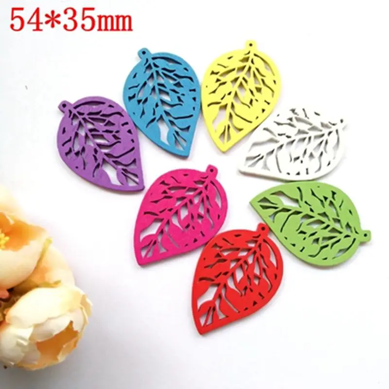 Colorful Wooden Leaf Pendant DIY for Wedding Festival Party Craft Decoration Size 54*35mm 30pcs/lot