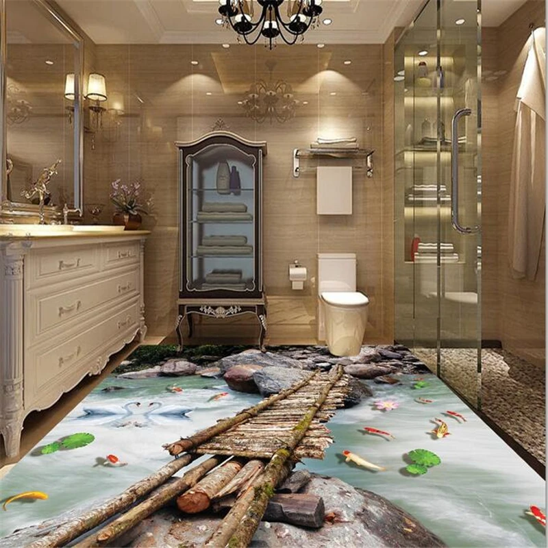 

beibehang Custom Flooring Decorating 3d wooden plank lotus carp stone 3D flooring three-dimensional painting papel de parede