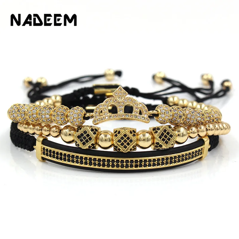 Newest Luxury CZ Crown Charm Copper Bead Braiding Macrame Bracelets Sets Men Women Wedding Jewelry Bangle Sets Pulseira Bileklik