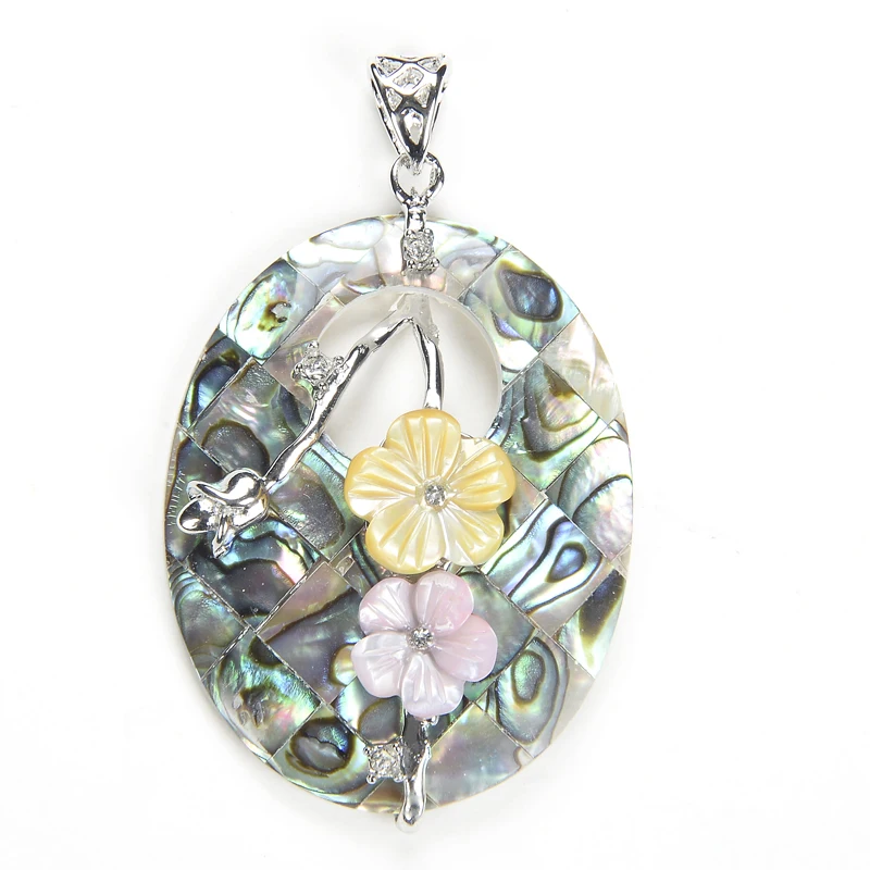 Hot Sale Oval Natural Mother of Pearl Shell Abalone Seashells Pendants Embroider Flower Beads Pendant Accessories Women Jewelry