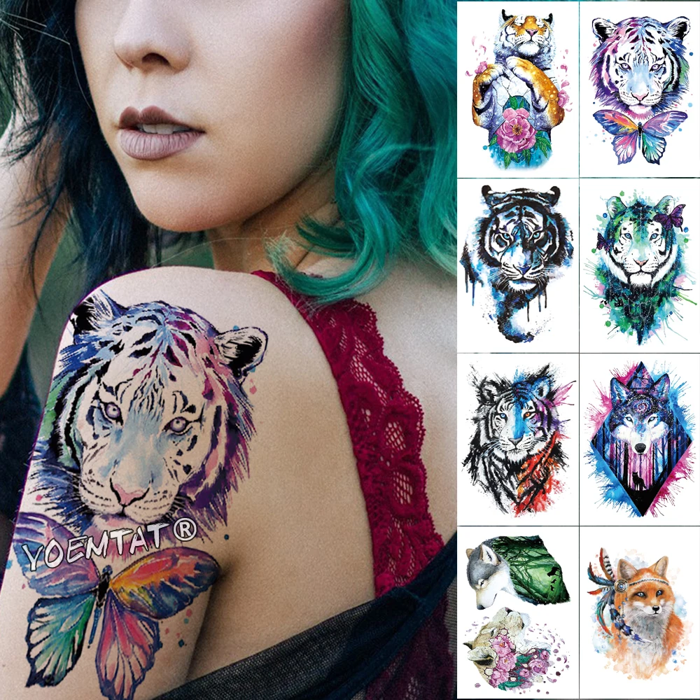 1 Sheet Animal Fake Tattoo Sticker Wolf Tiger Fox Cool Temporary Waterproof Body Art Tatoo Colored Draw For Women Men