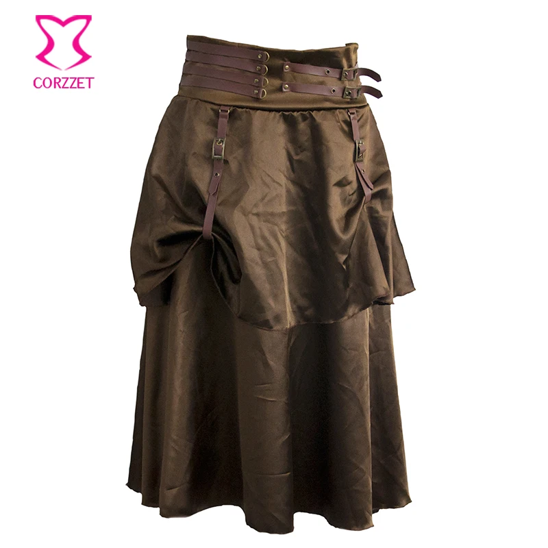 

Brown Satin Low Waist 2 Layers Long Sexy Burlesque Skirt Vintage Steampunk Skirts Womens Victorian Gothic Clothing Plus Size