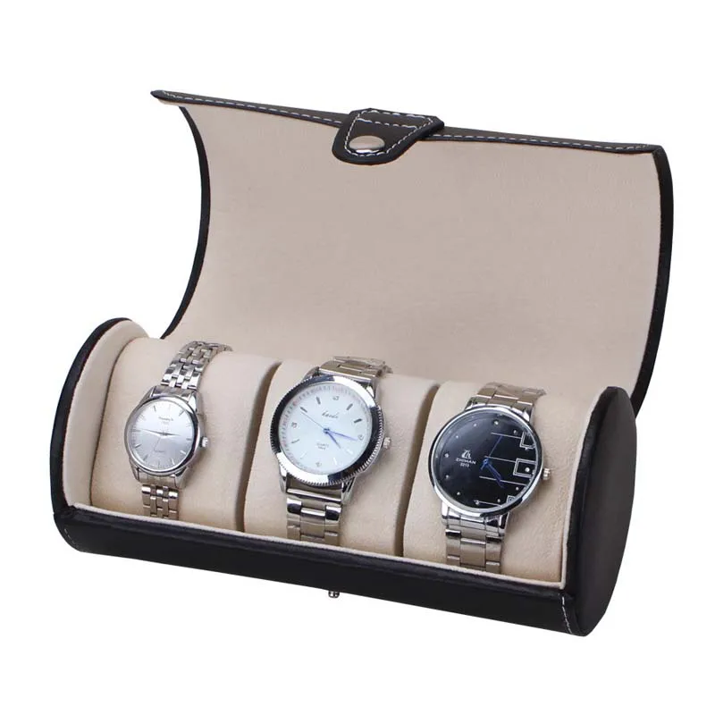 

3 Slots Cylinder Watch Storage Box Portable Watch Packaging Box Watch Display Case PU Leather Roll Box Jewelry Bracelet Box